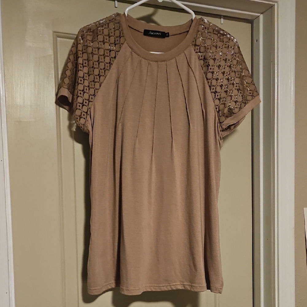 Tan Short Sleeve Top with Lace Detail
